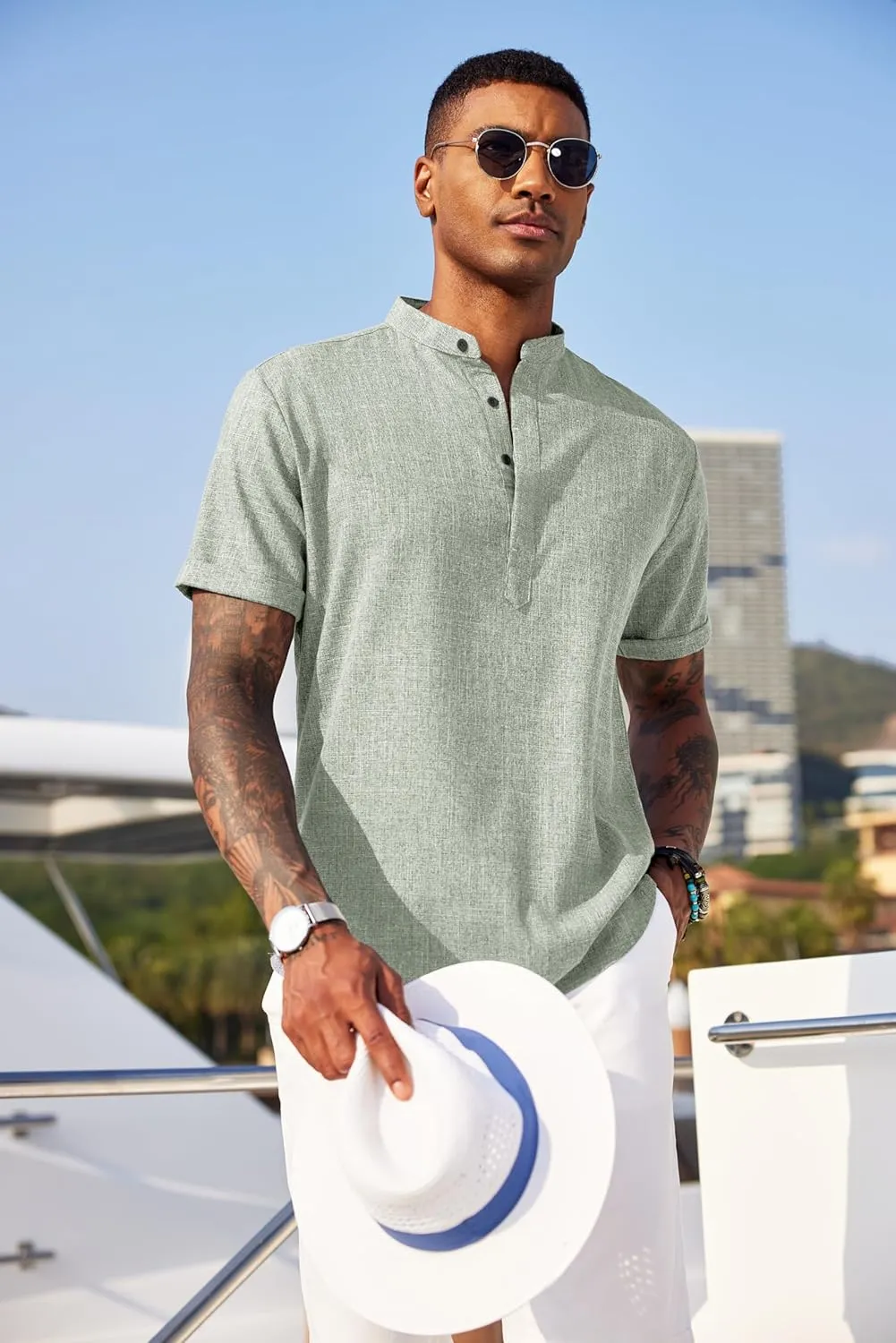 COOFANDY Men's Linen Henley Shirt Short Sleeve Casual Summer Beach Hippie T Shirts