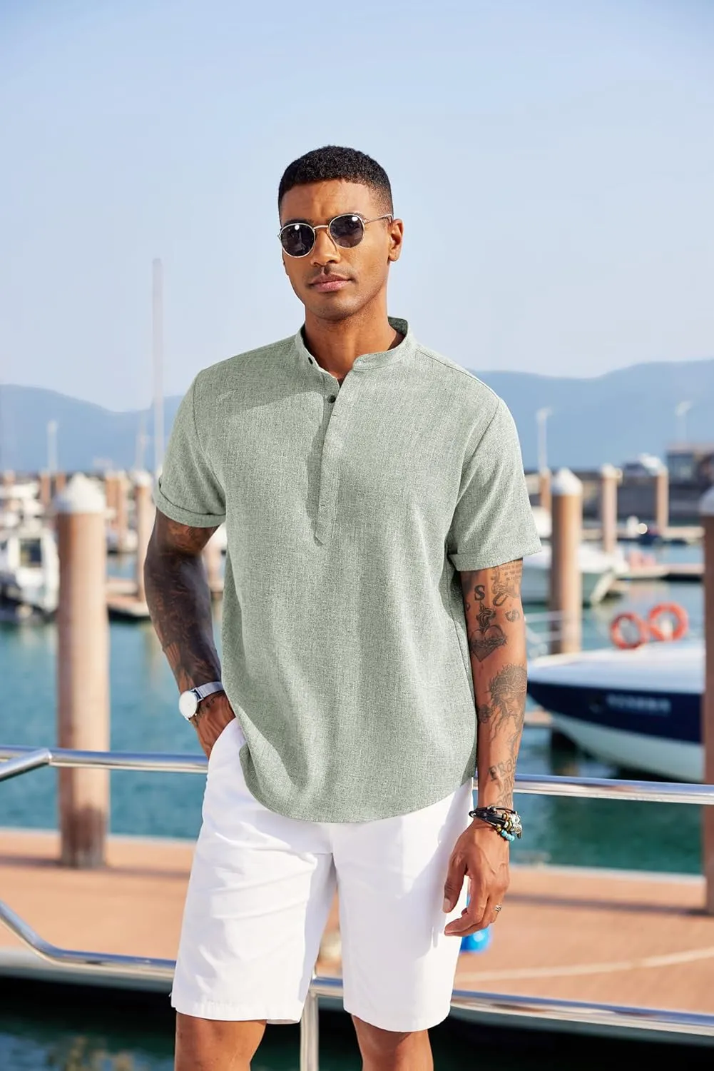 COOFANDY Men's Linen Henley Shirt Short Sleeve Casual Summer Beach Hippie T Shirts