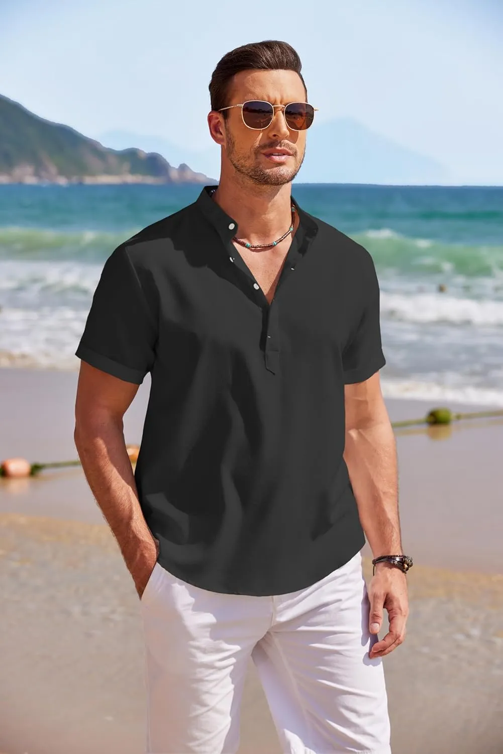 COOFANDY Men's Linen Henley Shirt Short Sleeve Casual Summer Beach Hippie T Shirts