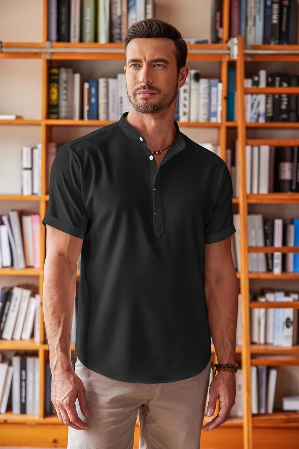 COOFANDY Men's Linen Henley Shirt Short Sleeve Casual Summer Beach Hippie T Shirts