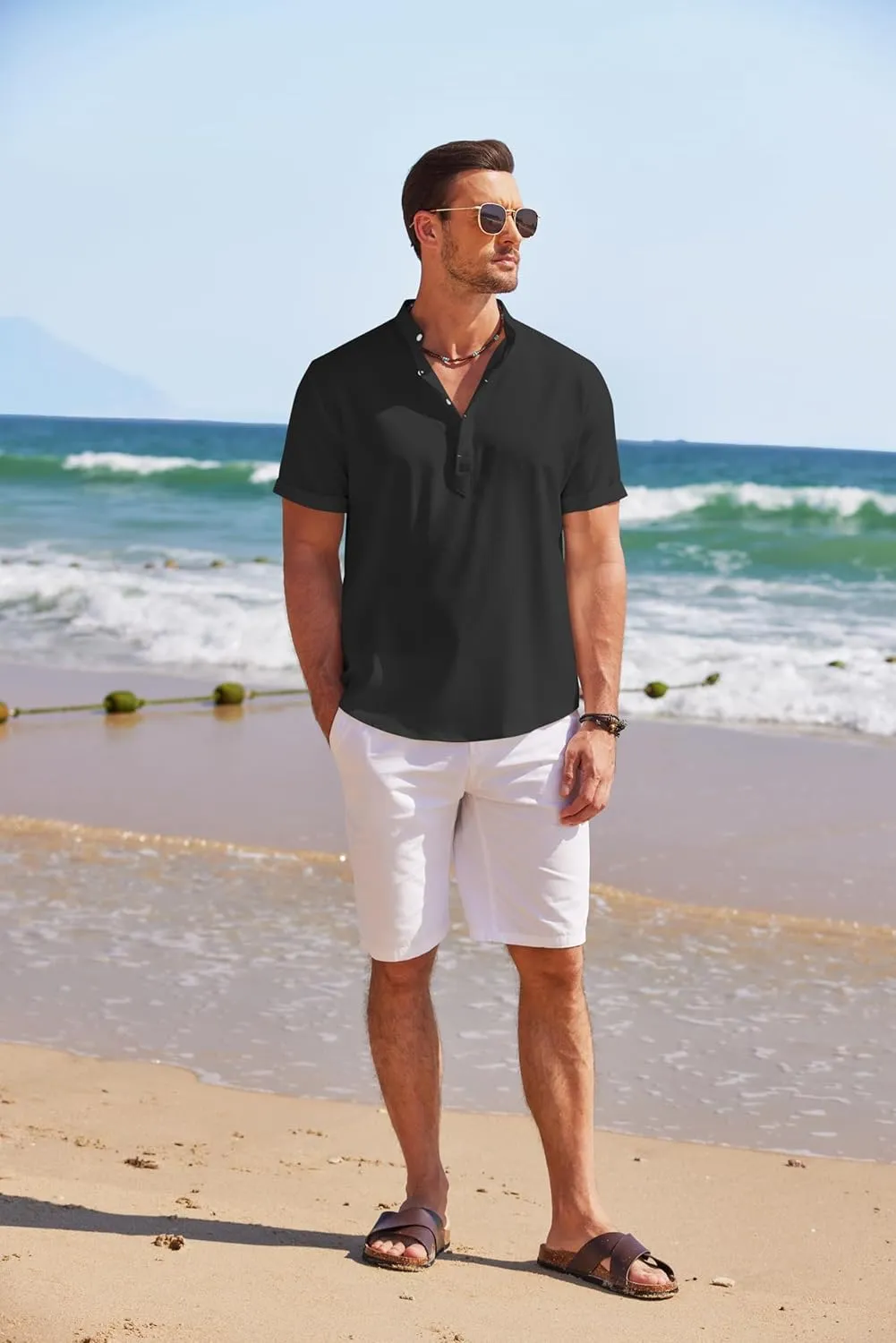 COOFANDY Men's Linen Henley Shirt Short Sleeve Casual Summer Beach Hippie T Shirts