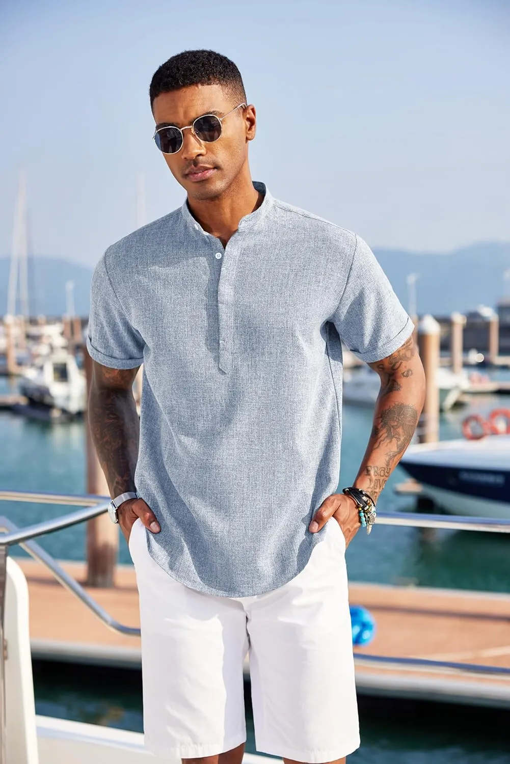 COOFANDY Men's Linen Henley Shirt Short Sleeve Casual Summer Beach Hippie T Shirts