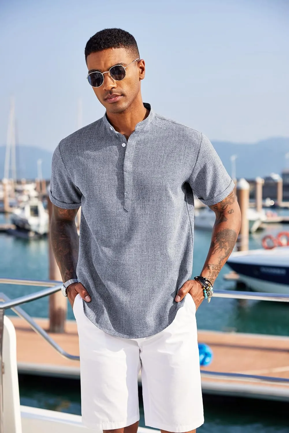 COOFANDY Men's Linen Henley Shirt Short Sleeve Casual Summer Beach Hippie T Shirts