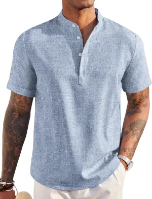 COOFANDY Men's Linen Henley Shirt Short Sleeve Casual Summer Beach Hippie T Shirts
