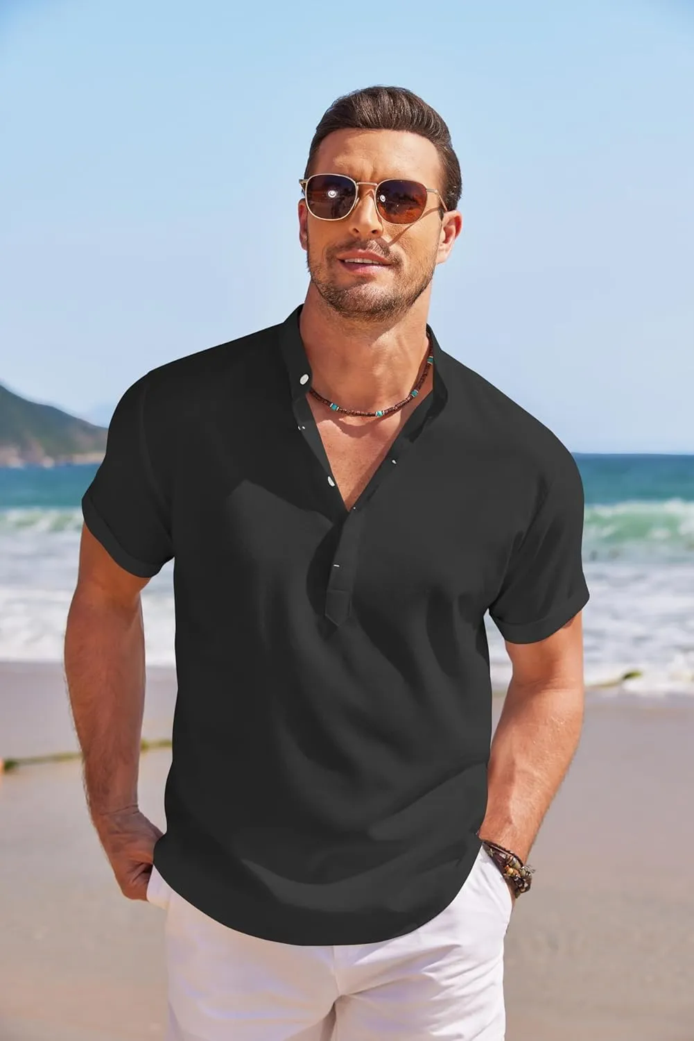COOFANDY Men's Linen Henley Shirt Short Sleeve Casual Summer Beach Hippie T Shirts