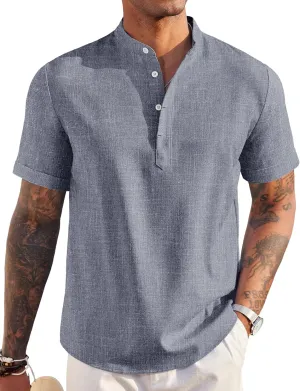 COOFANDY Men's Linen Henley Shirt Short Sleeve Casual Summer Beach Hippie T Shirts