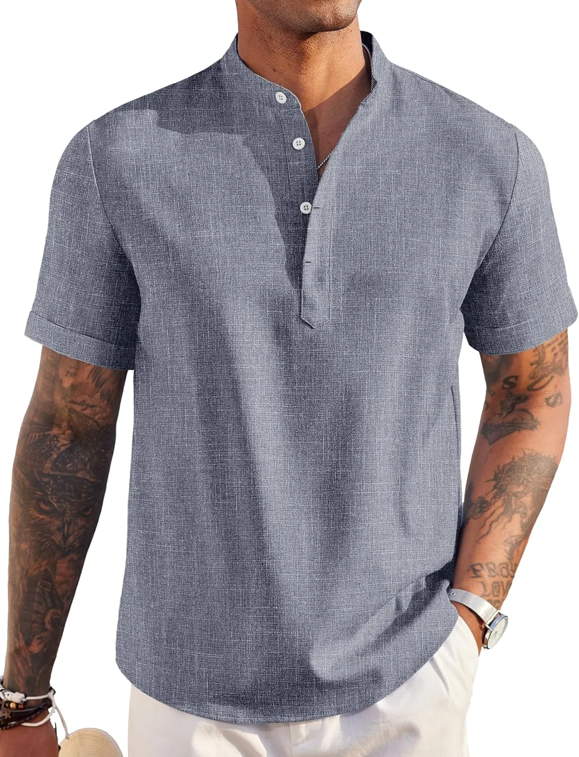 COOFANDY Men's Linen Henley Shirt Short Sleeve Casual Summer Beach Hippie T Shirts