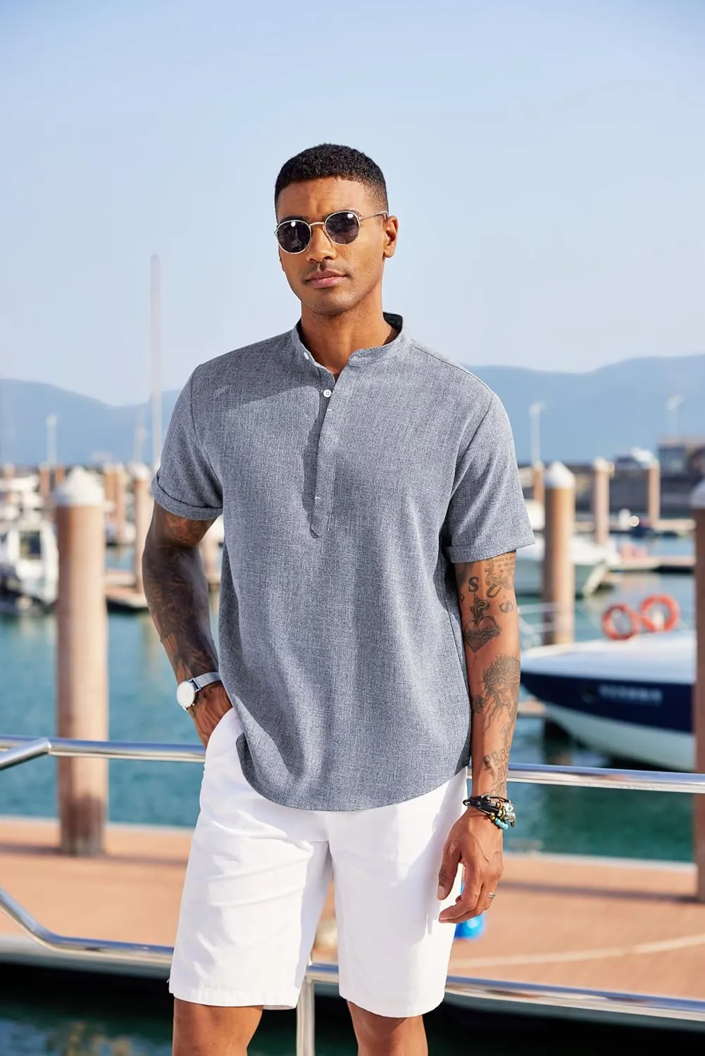 COOFANDY Men's Linen Henley Shirt Short Sleeve Casual Summer Beach Hippie T Shirts