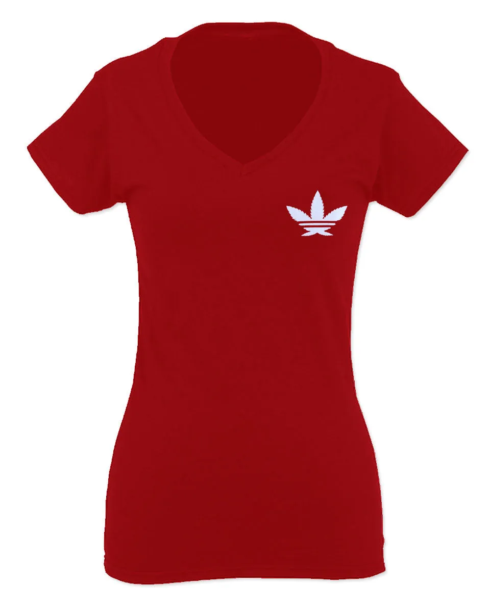 Cool Marijuana Weed Leaf Stoner Day Front and Back For Women V neck fitted T Shirt