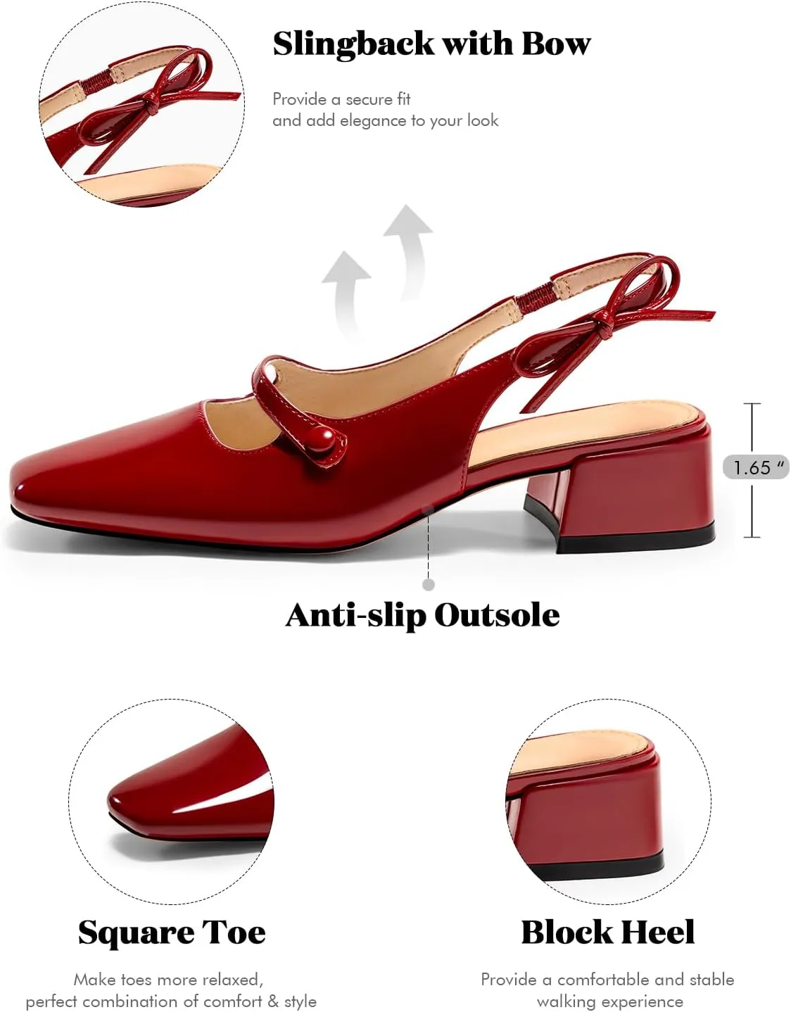 Coutgo Womens Mary Jane Shoes Slingback Chunky Low Heels Bow Closed Square Toe Pumps Wedding Party Dress Shoes