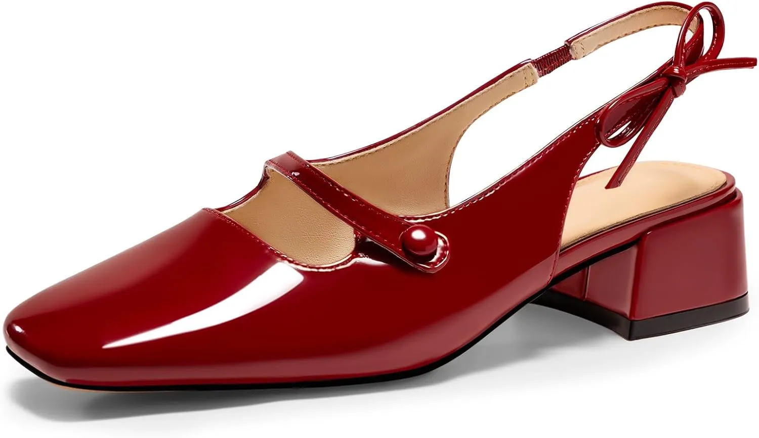 Coutgo Womens Mary Jane Shoes Slingback Chunky Low Heels Bow Closed Square Toe Pumps Wedding Party Dress Shoes