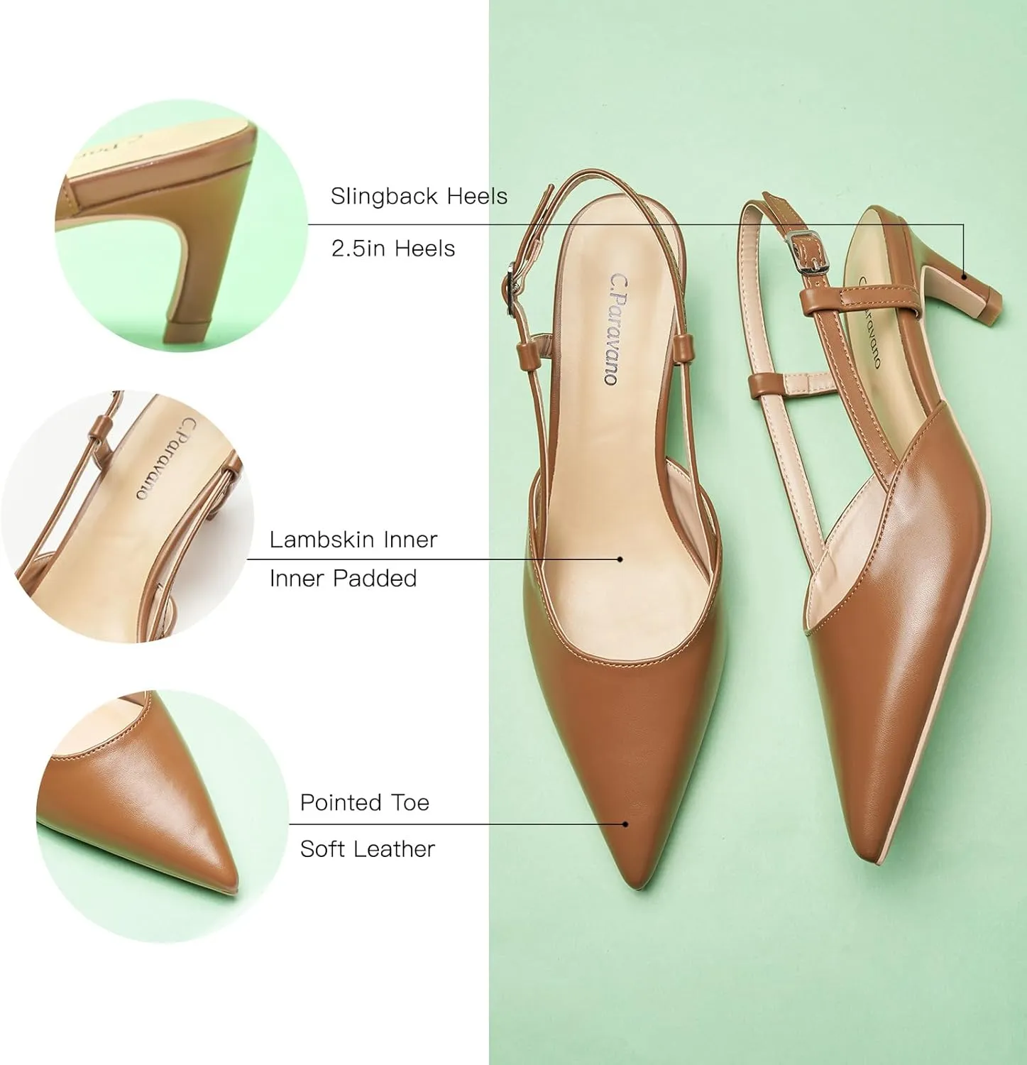 C.Paravano Beige Slingback Heels for Women - Pointed Toe, Stiletto Heels, Slip On Work Pumps, Dress Shoes