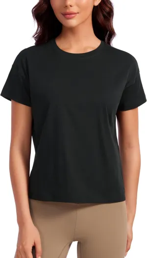 CRZ YOGA Pima Cotton Short Sleeve Workout Tops for Women Loose Basic T-Shirts Athletic Gym Casual Shirts