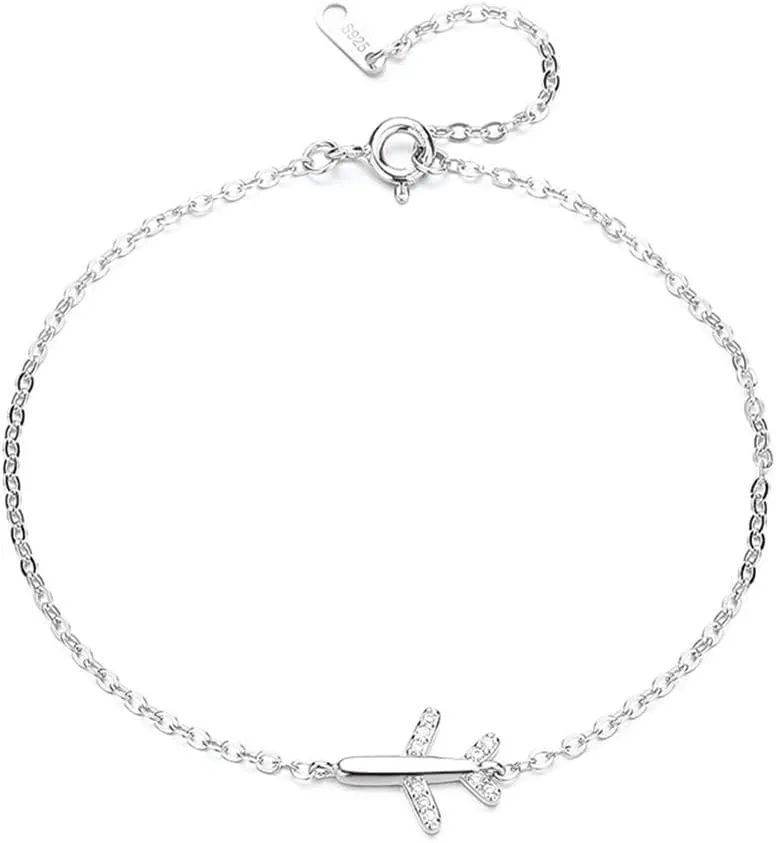 Cubic Zirconia Airplane Bracelet for Women 925 Sterling Silver Fly Plane Delicate Bracelets Minimalist Adjustable Statement Hypoallergenic Chain Jewelry
