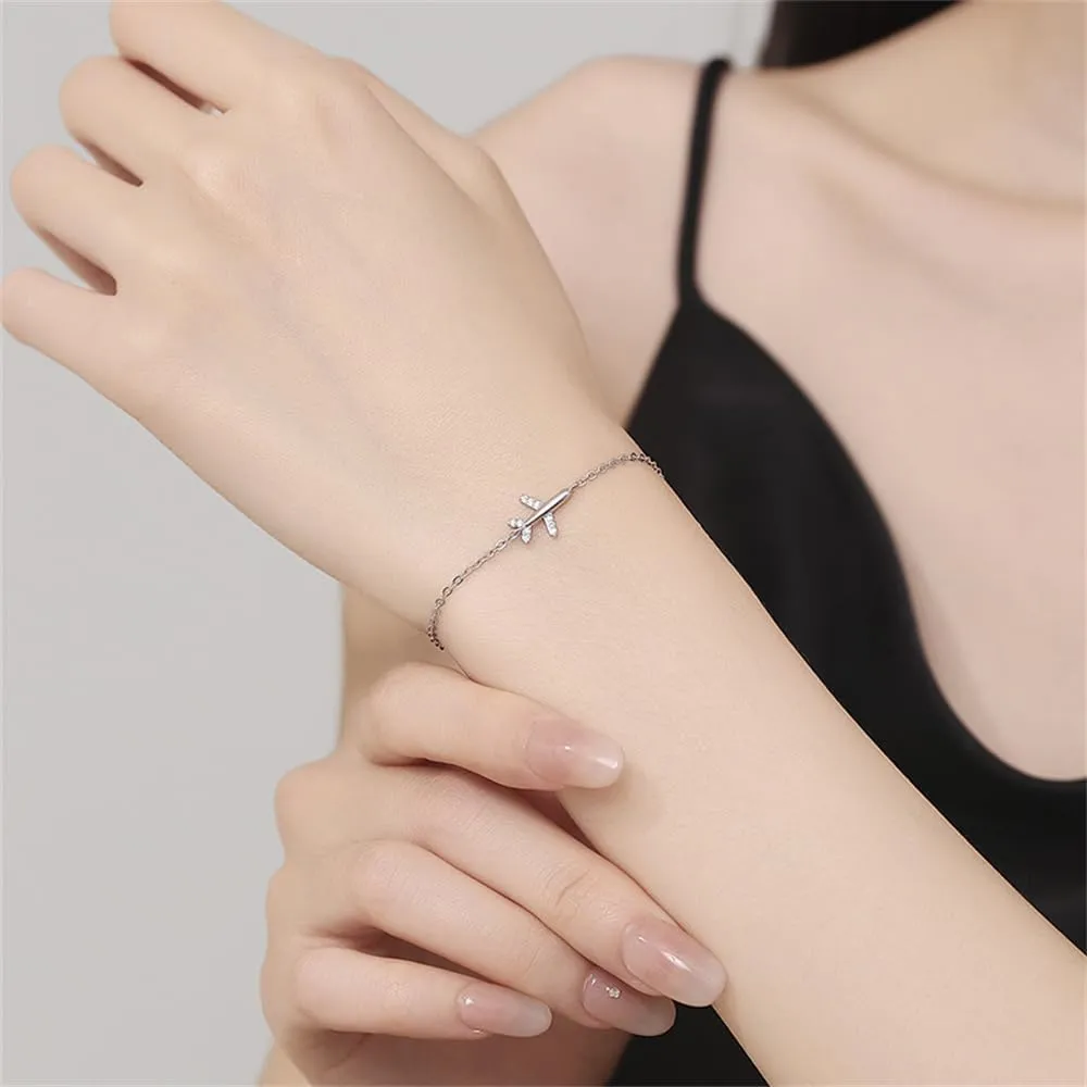 Cubic Zirconia Airplane Bracelet for Women 925 Sterling Silver Fly Plane Delicate Bracelets Minimalist Adjustable Statement Hypoallergenic Chain Jewelry