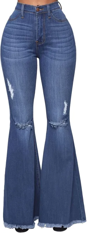 CutieLove Women's Ripped Jeans Bell Bottom Flare Jeans Mid Rise Destroyed Hem Denim Pants