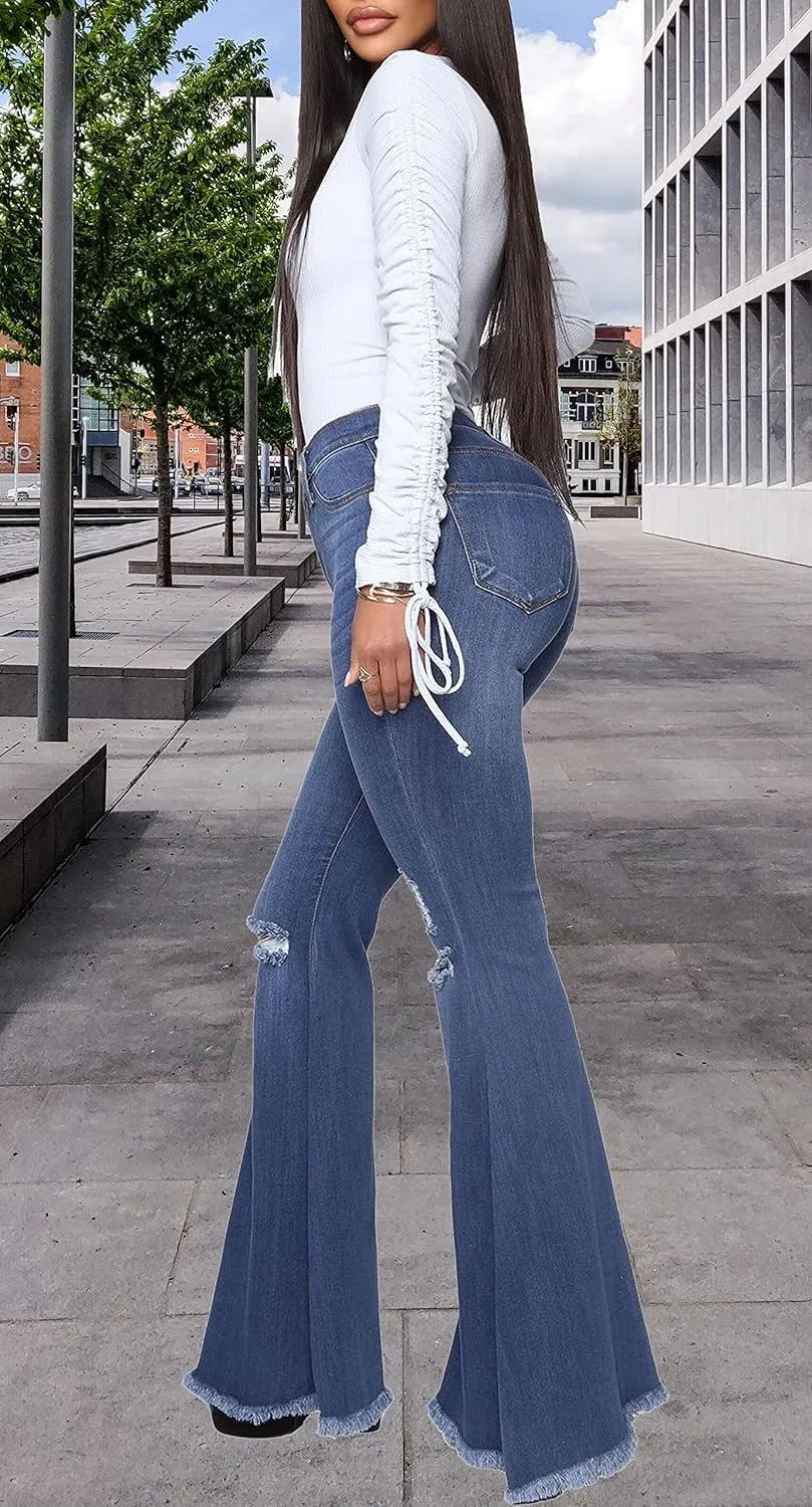 CutieLove Women's Ripped Jeans Bell Bottom Flare Jeans Mid Rise Destroyed Hem Denim Pants