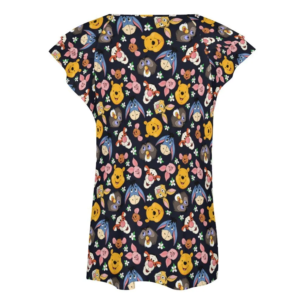 Disney Winnie The Pooh Hundred Acre Wood Friends Women's Ruffle Sleeve V-Neck T-Shirt