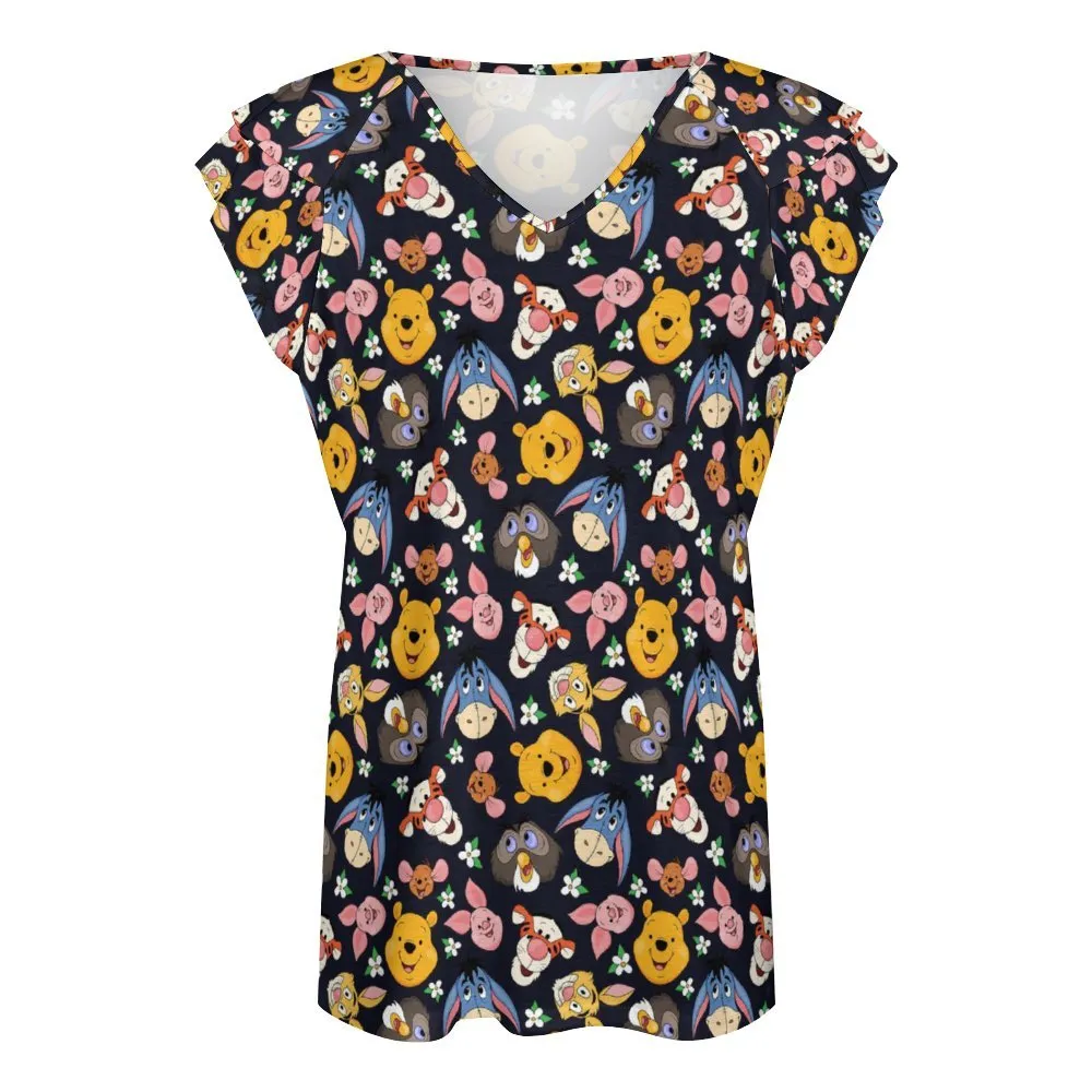 Disney Winnie The Pooh Hundred Acre Wood Friends Women's Ruffle Sleeve V-Neck T-Shirt