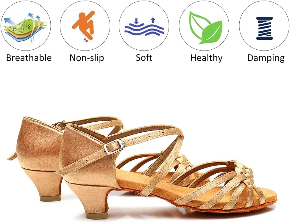 DKZSYIM Girls&Women's Satin Latin Dance Shoes Professional Ballroom Salsa Practice Performance Dancing Shoes, Model XGG-Children