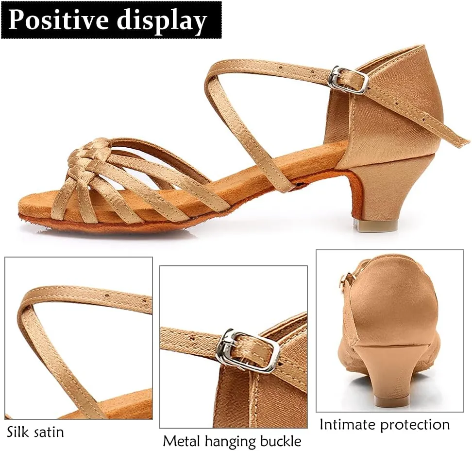 DKZSYIM Girls&Women's Satin Latin Dance Shoes Professional Ballroom Salsa Practice Performance Dancing Shoes, Model XGG-Children