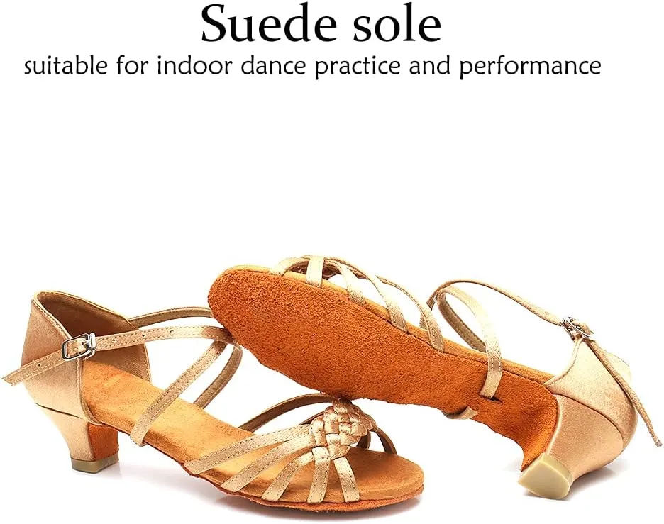 DKZSYIM Girls&Women's Satin Latin Dance Shoes Professional Ballroom Salsa Practice Performance Dancing Shoes, Model XGG-Children