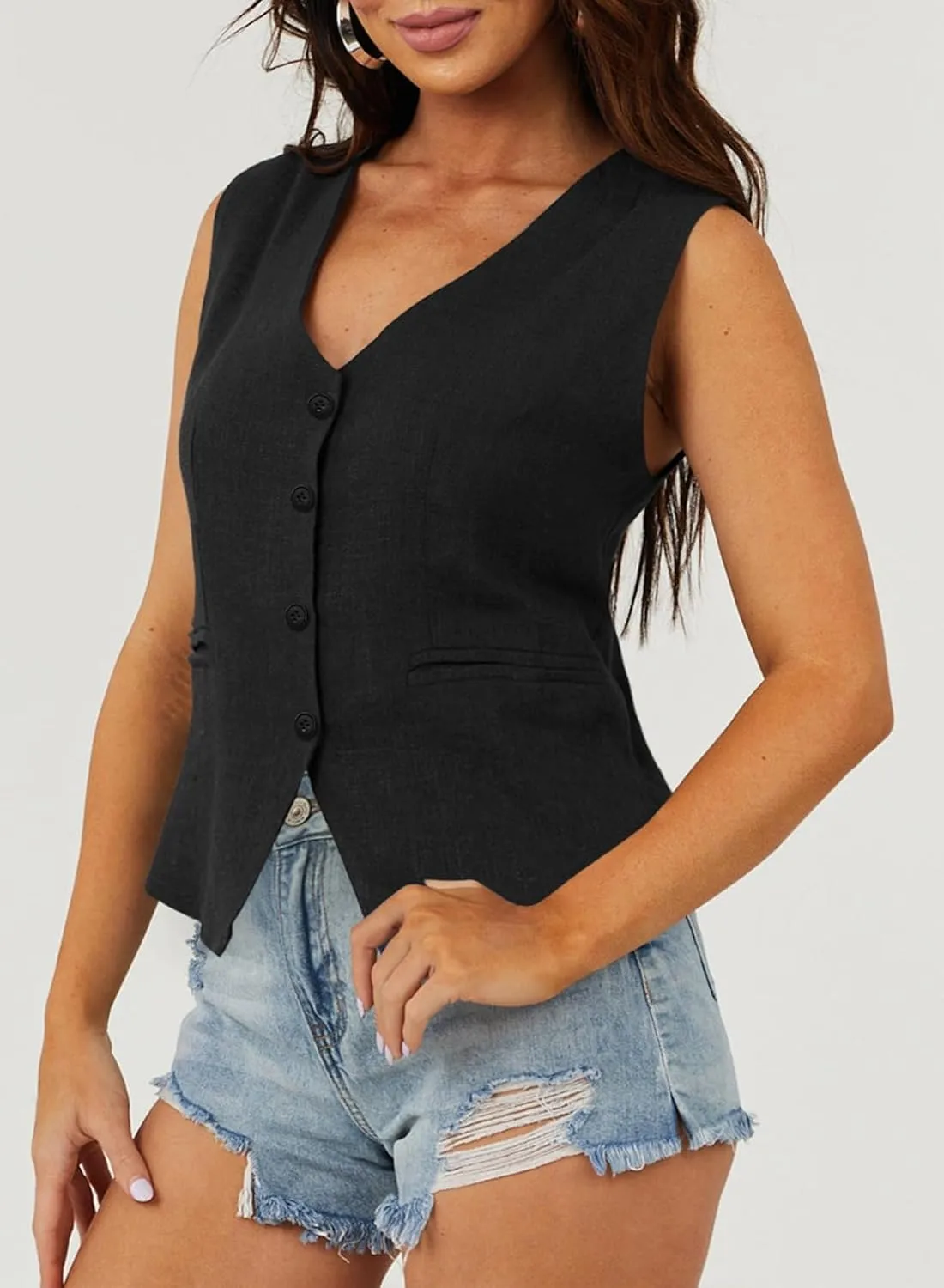 Dokotoo Womens Vest Dressy Casual V-Neck Button-Down Lined Suit Jacket Waistcoat Versatile Vests
