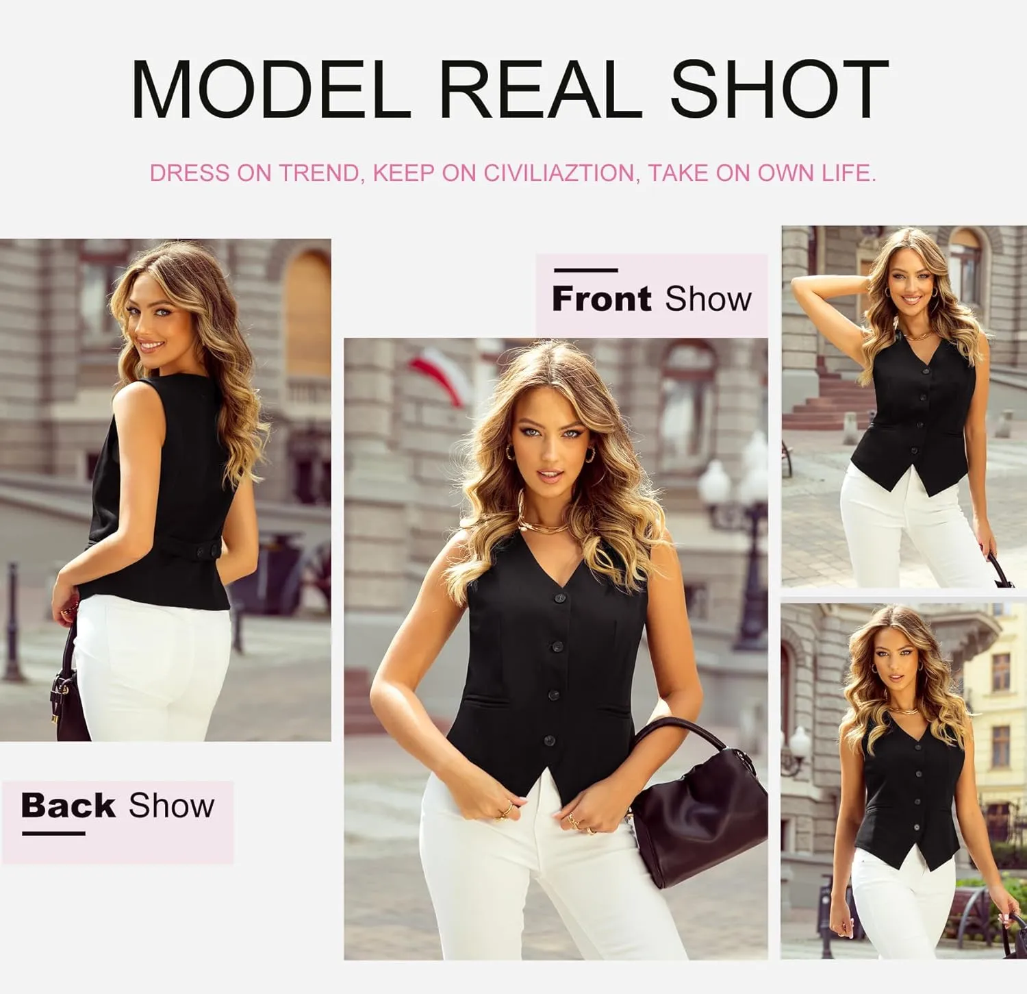 Dokotoo Womens Vest Dressy Casual V-Neck Button-Down Lined Suit Jacket Waistcoat Versatile Vests