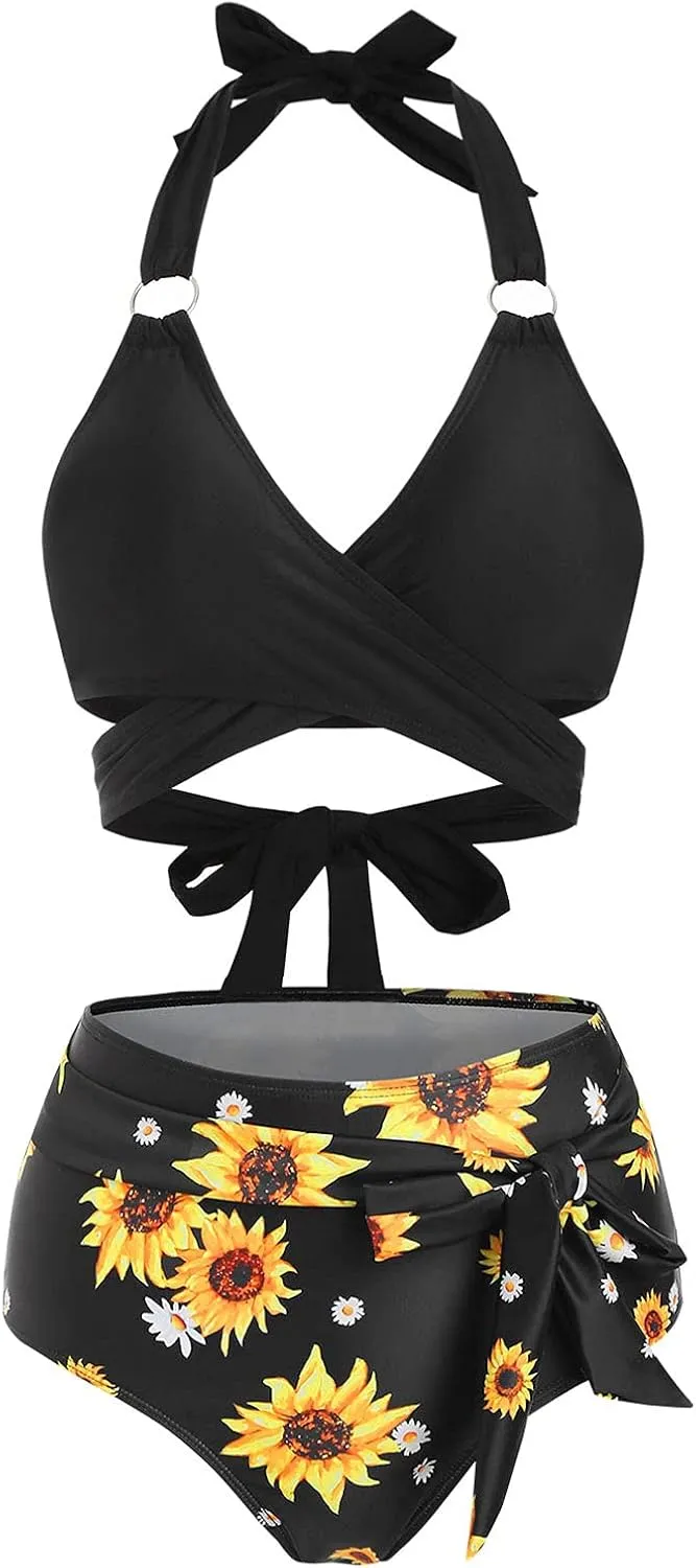 DRESSFO Women Bikini Set Two Piece Swimsuits Sunflower High Waisted Bottom Halter Knot Wrap Bikini