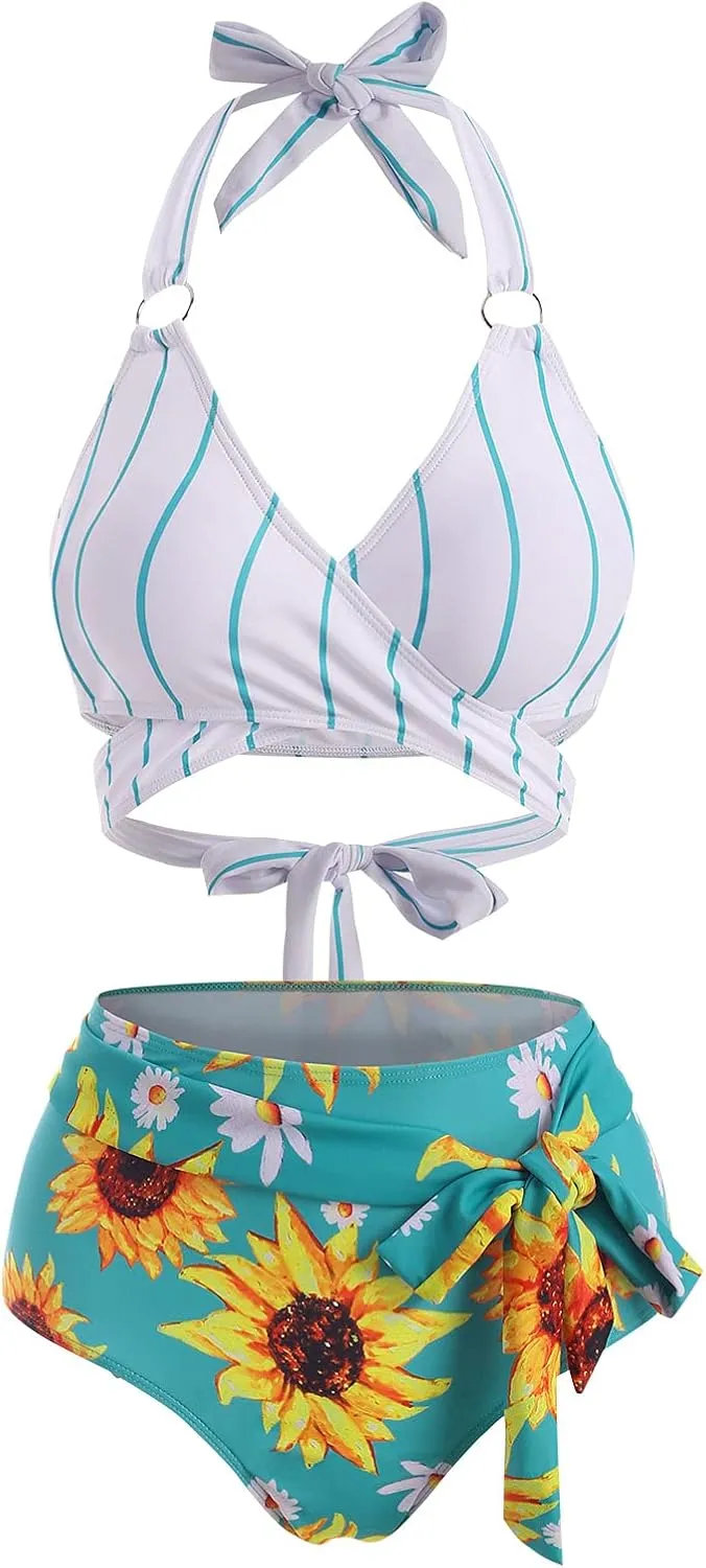 DRESSFO Women Bikini Set Two Piece Swimsuits Sunflower High Waisted Bottom Halter Knot Wrap Bikini