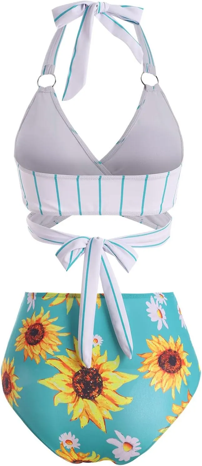 DRESSFO Women Bikini Set Two Piece Swimsuits Sunflower High Waisted Bottom Halter Knot Wrap Bikini
