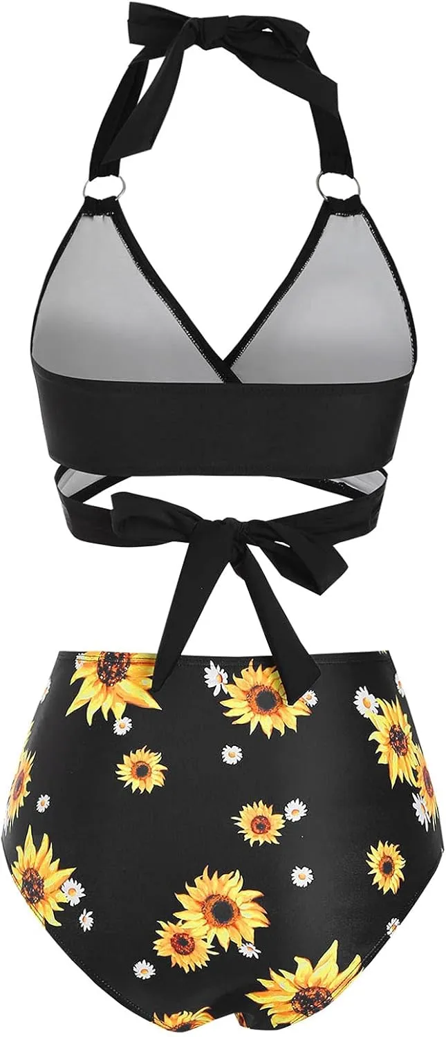 DRESSFO Women Bikini Set Two Piece Swimsuits Sunflower High Waisted Bottom Halter Knot Wrap Bikini