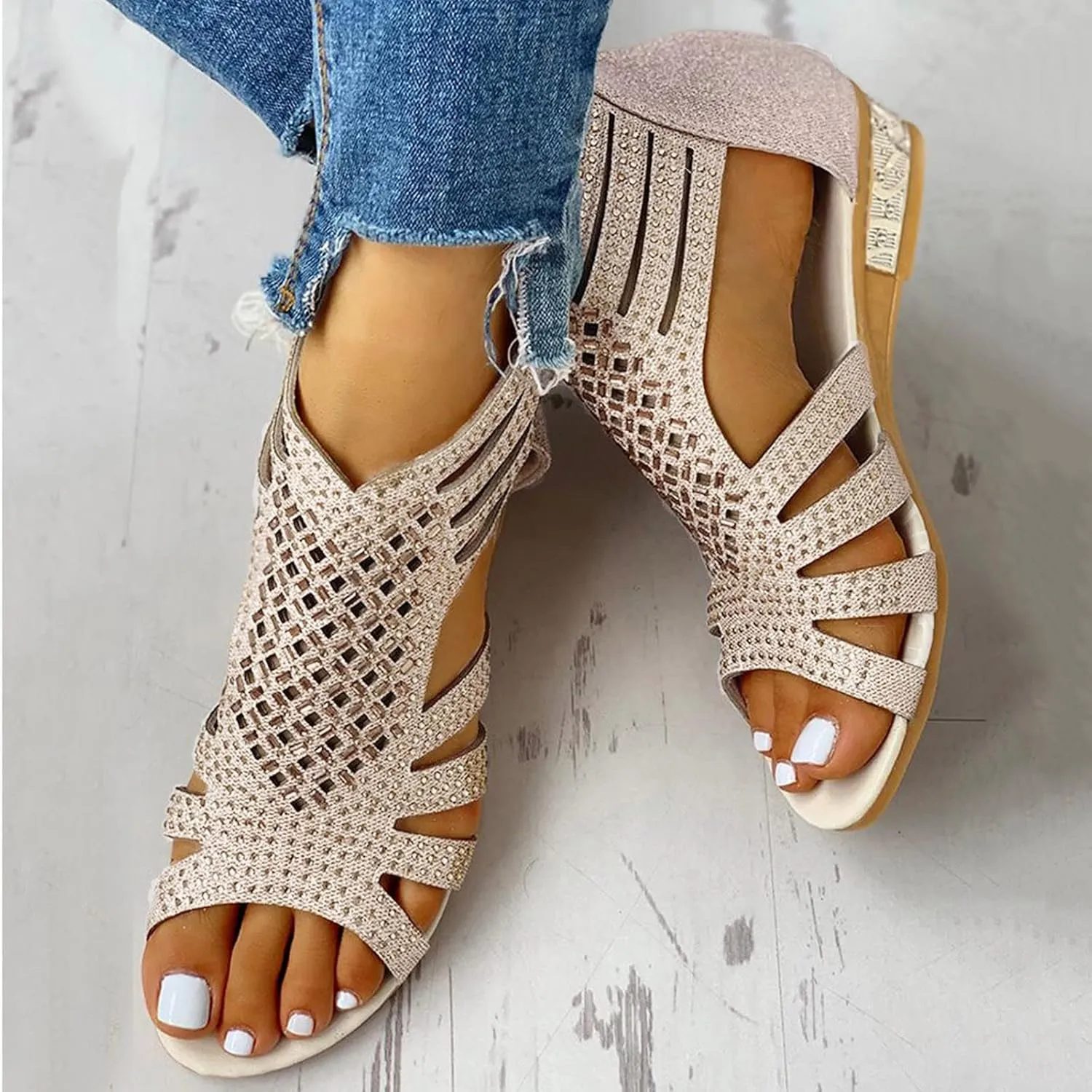 Eduavar Womens Wedge Sandals, Orthopedic Sandals for Women Low Wedge Sandals Cutout Zip Up Crystal Sandals Shoes