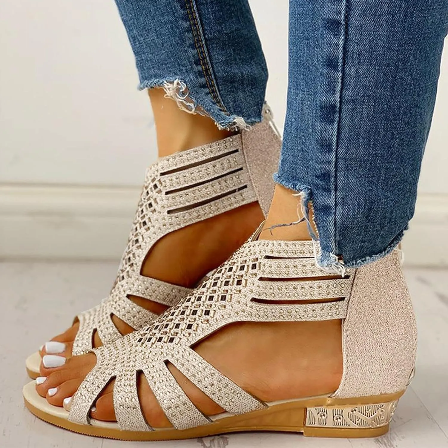 Eduavar Womens Wedge Sandals, Orthopedic Sandals for Women Low Wedge Sandals Cutout Zip Up Crystal Sandals Shoes