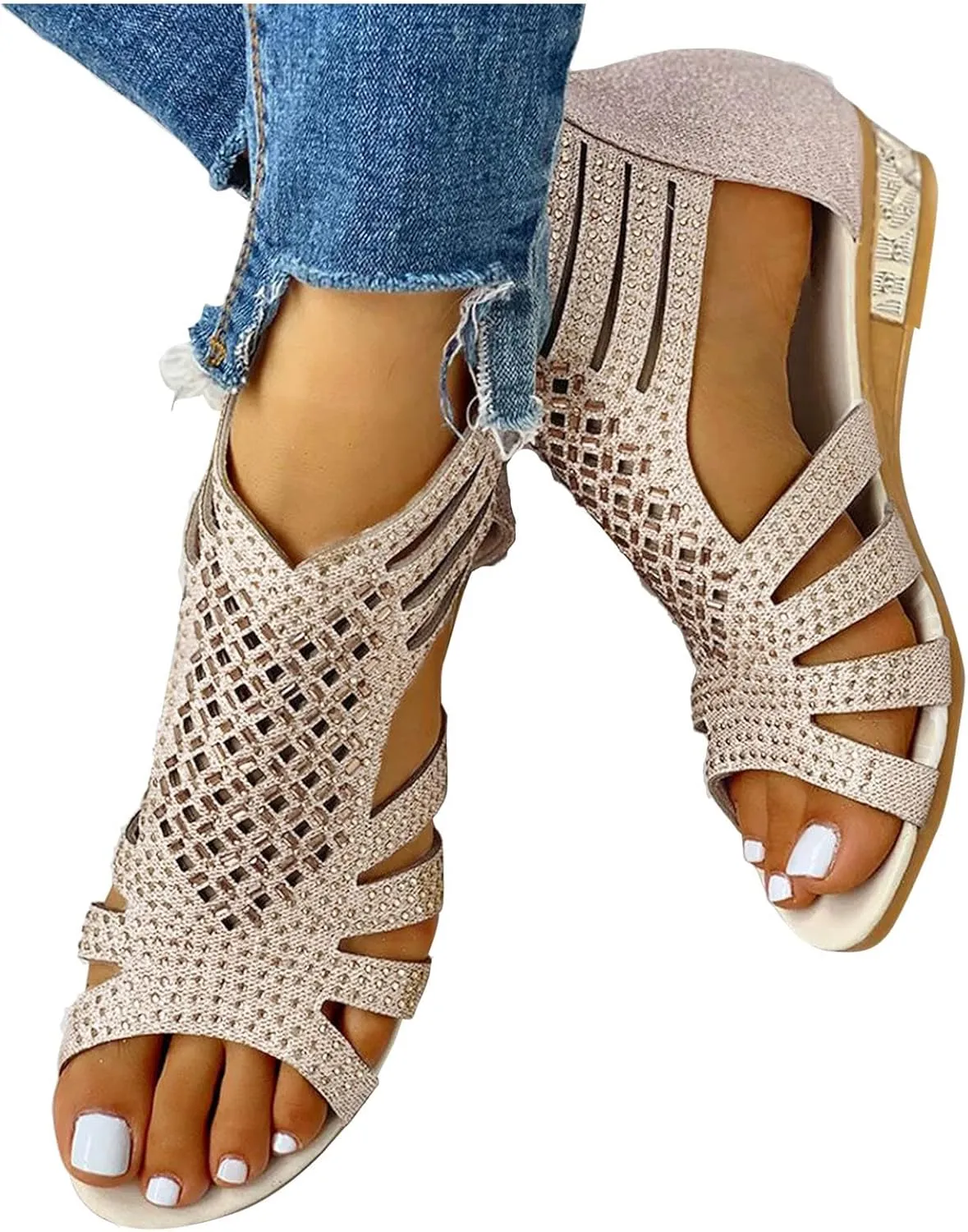 Eduavar Womens Wedge Sandals, Orthopedic Sandals for Women Low Wedge Sandals Cutout Zip Up Crystal Sandals Shoes