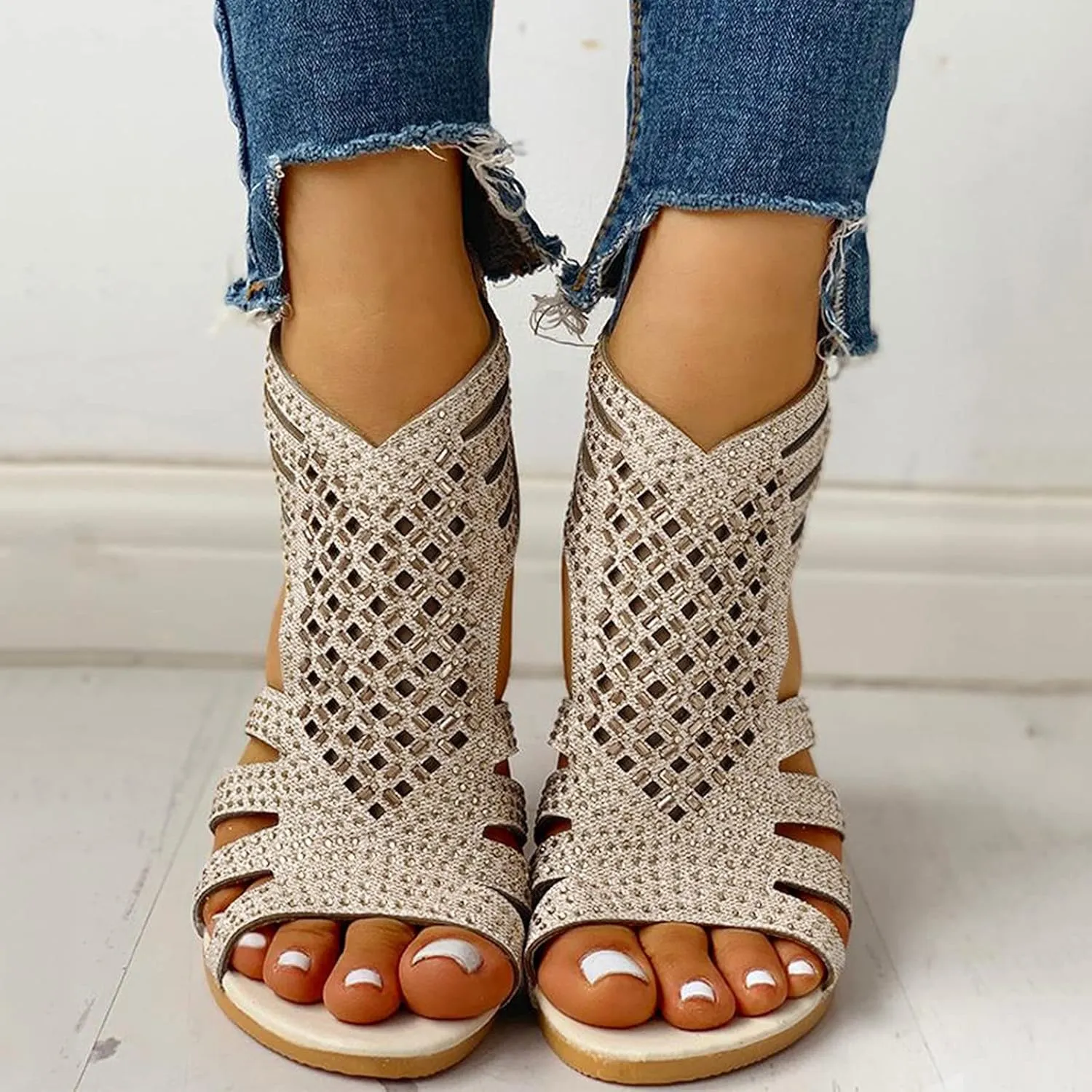 Eduavar Womens Wedge Sandals, Orthopedic Sandals for Women Low Wedge Sandals Cutout Zip Up Crystal Sandals Shoes