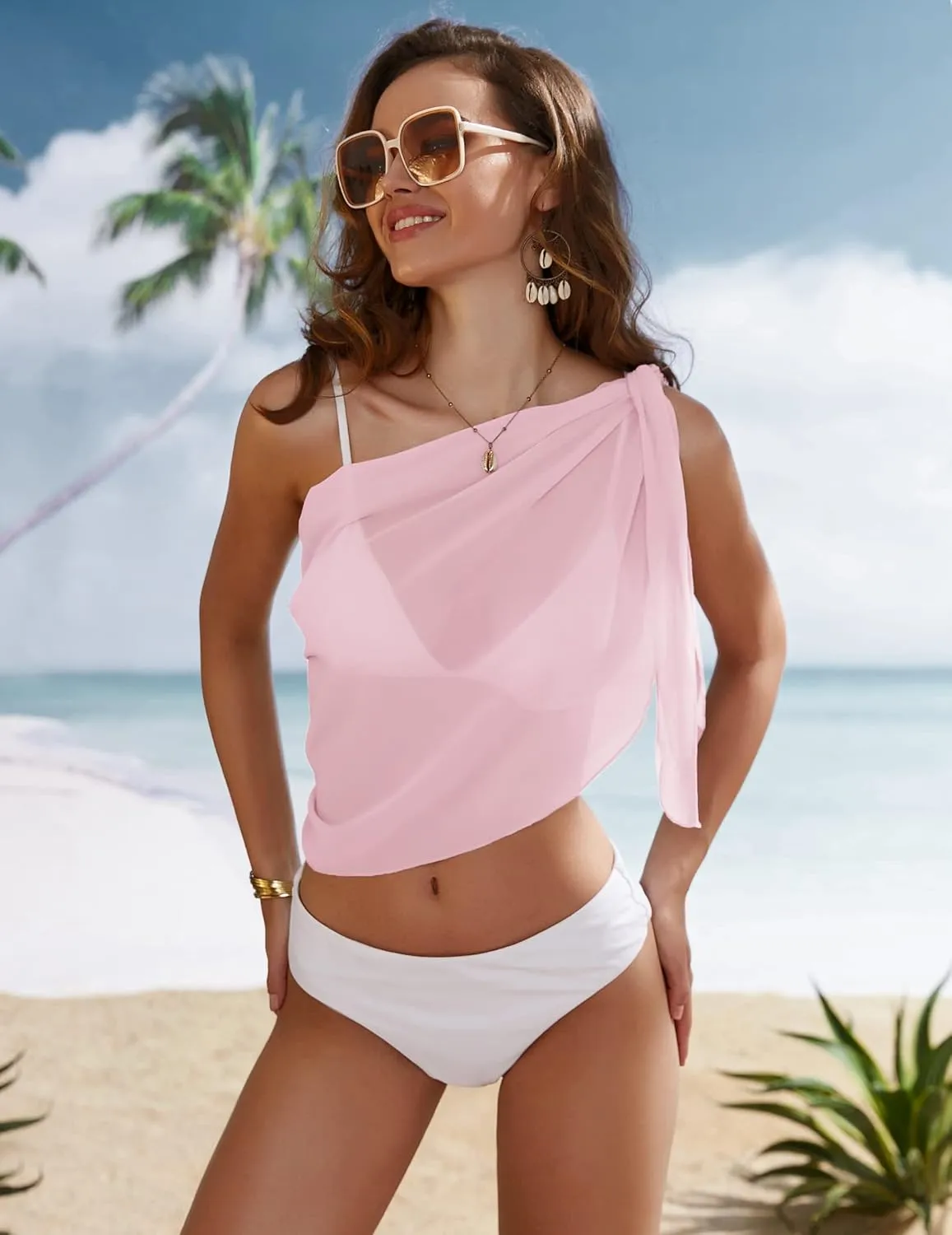 Ekouaer Women's Short Sarongs Chiffon Cover Ups Sheer Bikini Wraps for Swimwear S-3XL