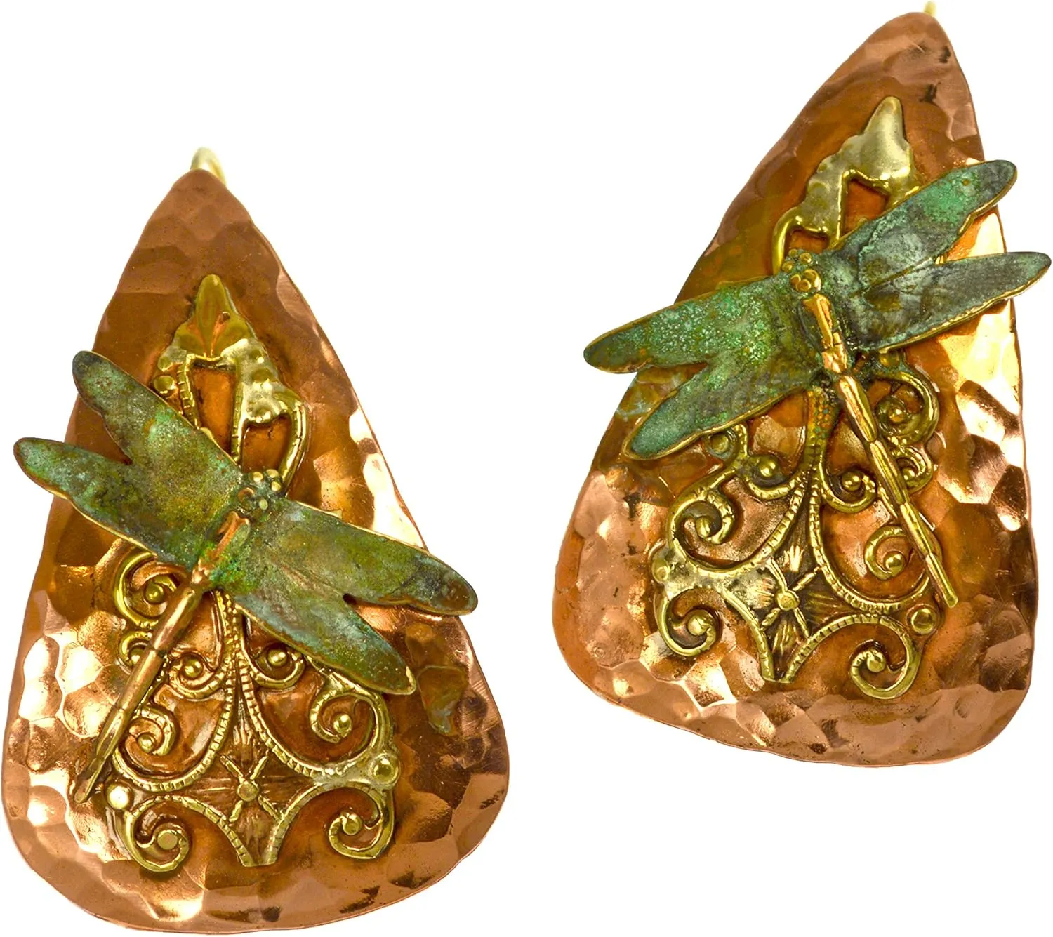 Elaine Coyne Patina Neo-Victorian Dragonfly on Filigree Brass and Hammered Copper Teardrop Earrings