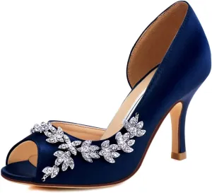 ELEGANTPARK Wedding Heels for Women Peep Toe Wedding Shoes for Bride High Heel Pumps Rhinestones Bridal Shoes Satin Evening Party Prom Dress Pumps