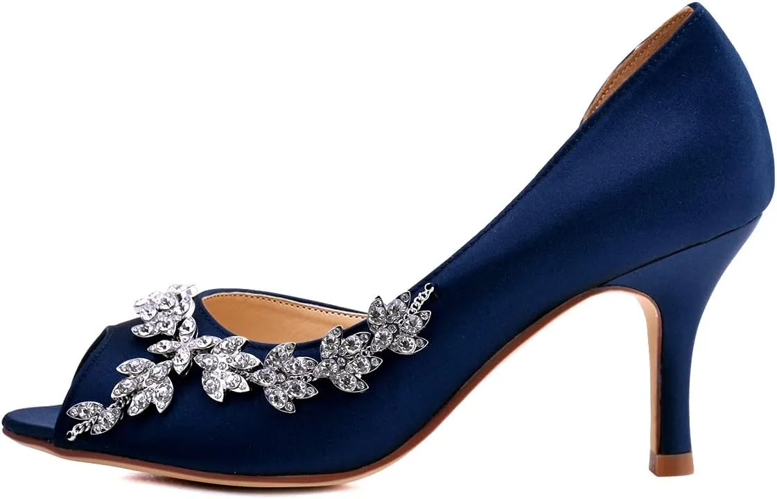 ELEGANTPARK Wedding Heels for Women Peep Toe Wedding Shoes for Bride High Heel Pumps Rhinestones Bridal Shoes Satin Evening Party Prom Dress Pumps