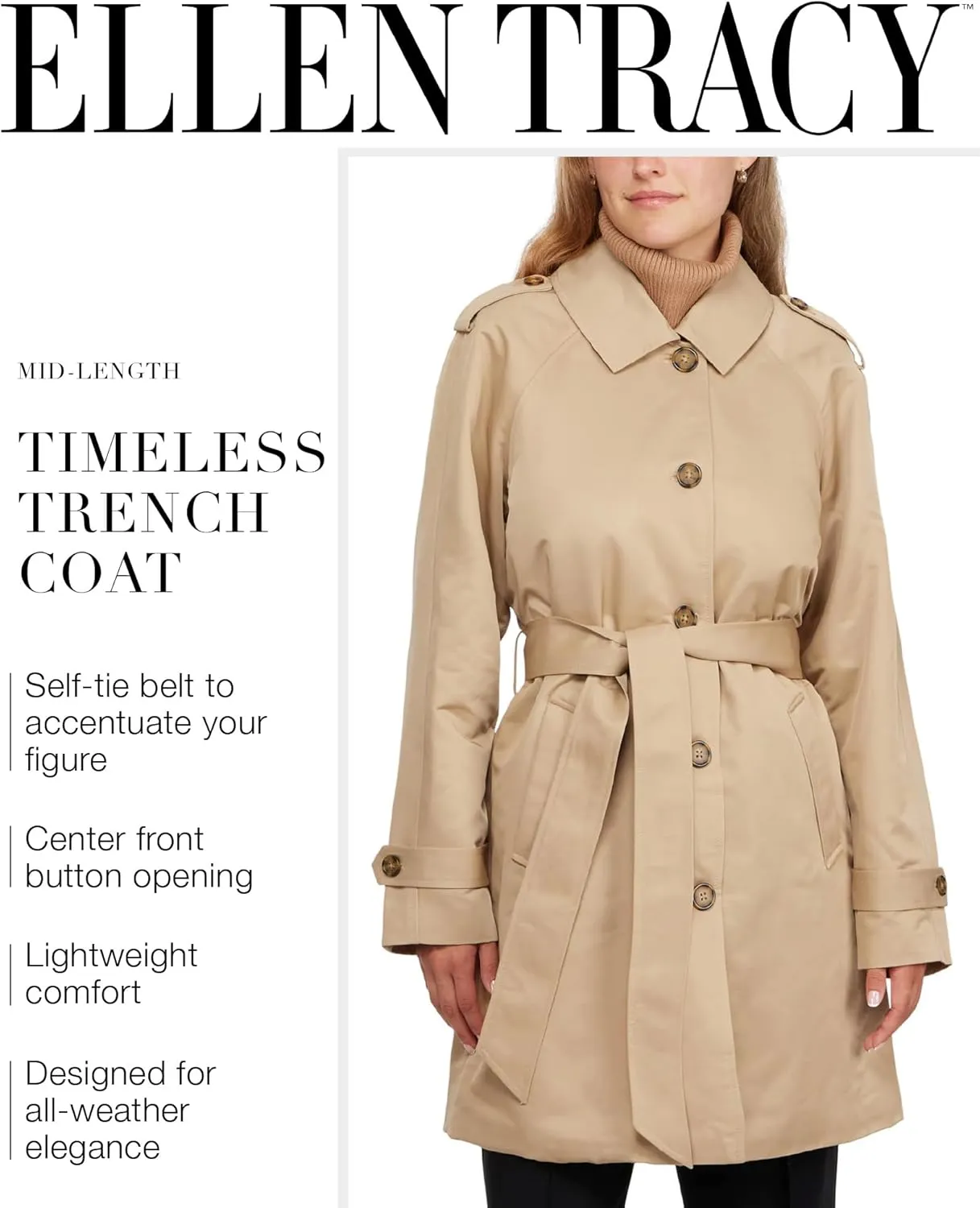 ELLEN TRACY Women's Trench Coat - Waist Belted Button Up Long Raincoat for Ladies (Sizes: S-XL)