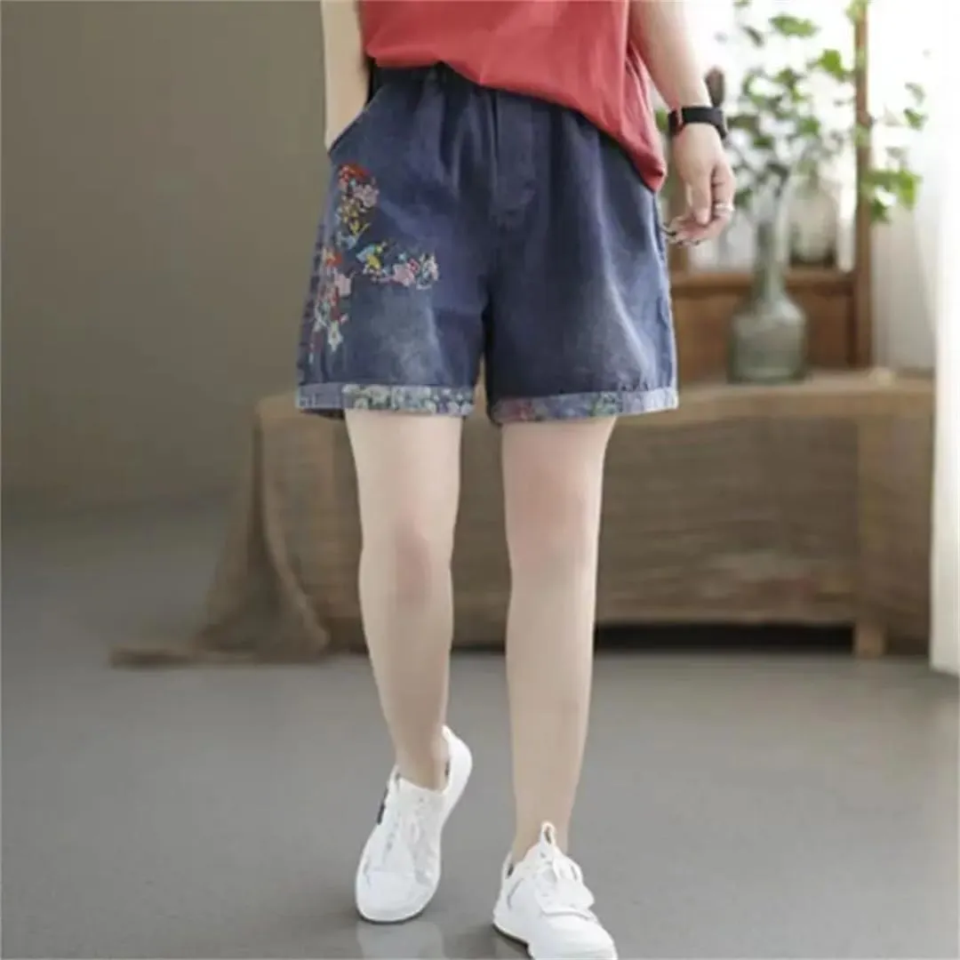 Embroidered High Waisted Jeans Shorts for Women Summer Oversized Loose Wide Leg Shorts Jeans