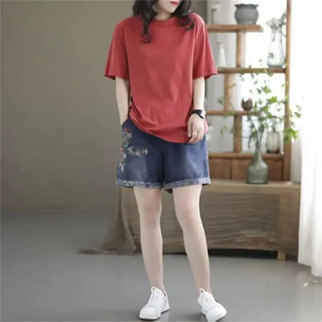 Embroidered High Waisted Jeans Shorts for Women Summer Oversized Loose Wide Leg Shorts Jeans