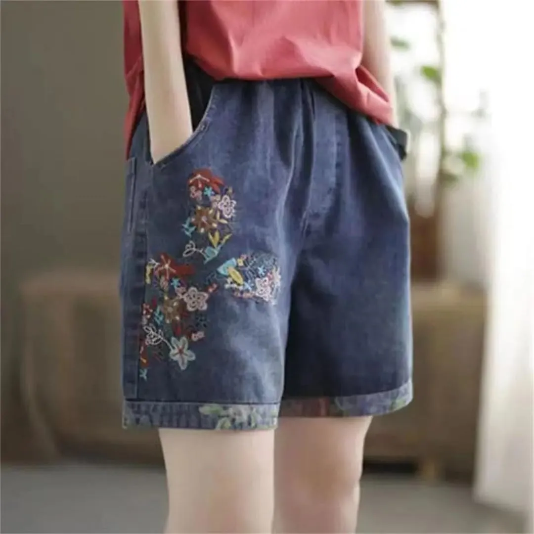 Embroidered High Waisted Jeans Shorts for Women Summer Oversized Loose Wide Leg Shorts Jeans