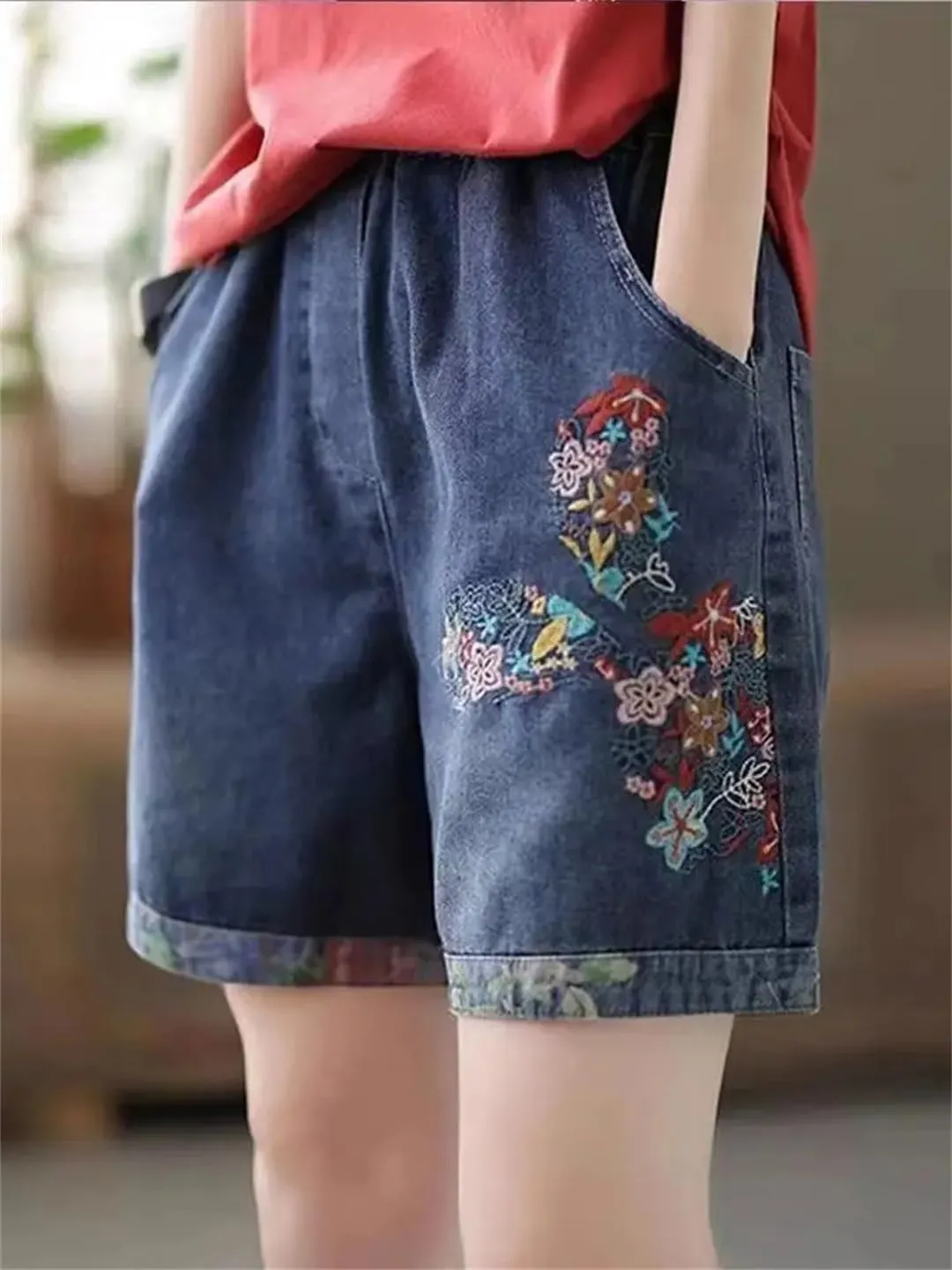 Embroidered High Waisted Jeans Shorts for Women Summer Oversized Loose Wide Leg Shorts Jeans