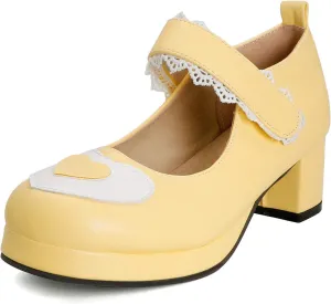 Erocalli Cute Ankle Strap Mary Jane Shoes for Women Chunky Mid Heels Lolita Shoes Kawaii Heart Japanese Harajuku Shoes White