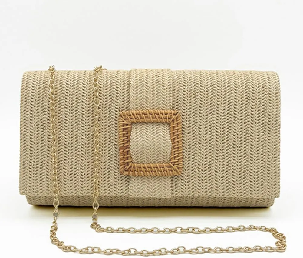 Evening Bag for Women Summer Straw Woven Envelop Bag Chain Purse Stylish Beach Clutch Handbag for Party Prom