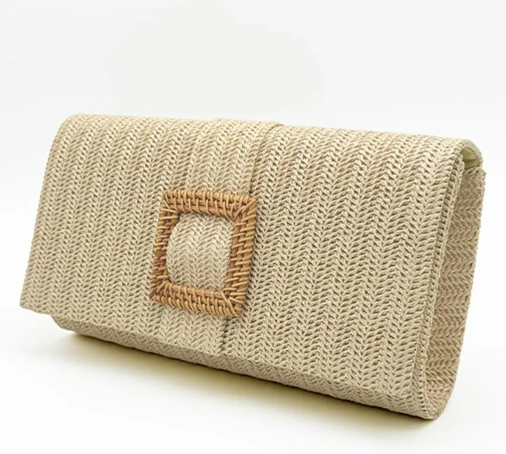 Evening Bag for Women Summer Straw Woven Envelop Bag Chain Purse Stylish Beach Clutch Handbag for Party Prom