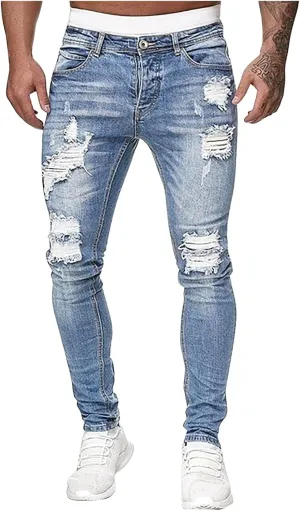 evzosrz Men's Slim Fit Jeans Ripped Skinny Jeans Stretch Destroyed Distressed Side Striped Stretchy Jeans Denim Pants