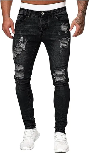 evzosrz Men's Slim Fit Jeans Ripped Skinny Jeans Stretch Destroyed Distressed Side Striped Stretchy Jeans Denim Pants